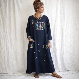 Cover Charge Lagenlook Kokopelli Cotton Long Sleeve Maxi Dress Small Black Hand